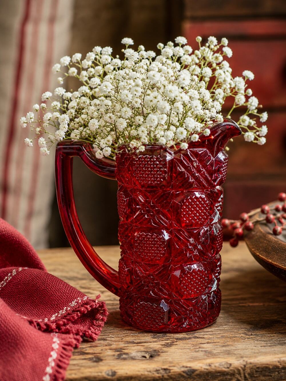 Vintage Ruby Red Pressed Glass Creamer Pitcher 4 Inch Bud Vase Cottage Decor